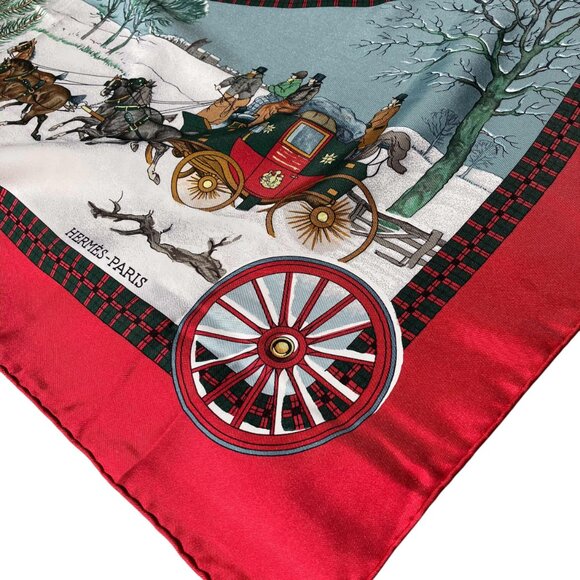Hermes L‘Hiver en Poste Red Winter Silk Scarf Philippe Ledoux Carré 90 35" - Picture 4 of 9
